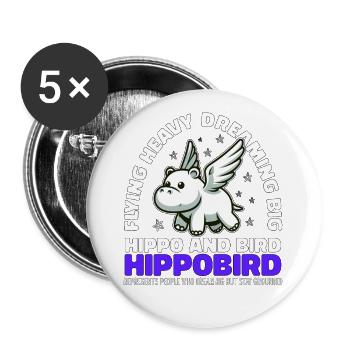 FLYING HEAVY DREAMING BIG - HIPPO AND BIRD - Buttons large 2.2''/56 mm (5-pack) - white - Front