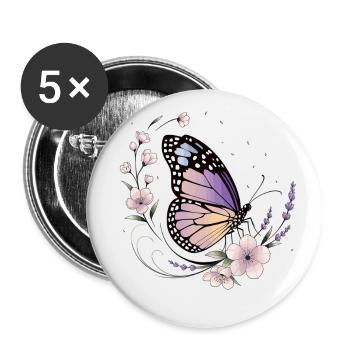 Papillon et fleurs au printemps - Lot de 5 grands badges (56 mm) - blanc - Devant