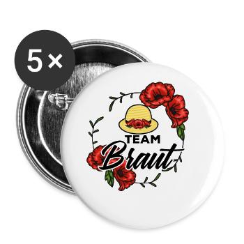 Team Braut Hochzeitsnacht Damenhut Rosenkranz Crew - Buttons groß 56 mm (5er Pack) - Weiß - Vorne