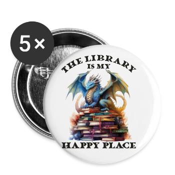 La bibliothèque est mon lieu de bonheur, dragon - Lot de 5 grands badges (56 mm) - blanc - Devant