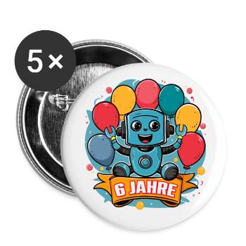 6 Jahre Kleiner Roboter mit bunten Luftballons - Buttons groß 56 mm (5er Pack) - Weiß - Vorne