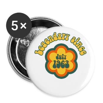 Legendary since July 1963 mit Retro Hippie Blume - Buttons groß 56 mm (5er Pack) - Weiß - Vorne