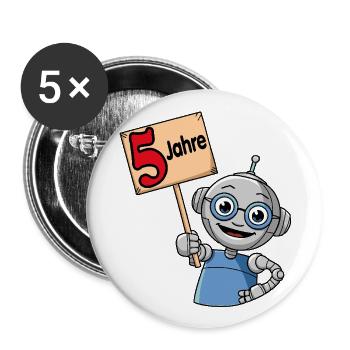 Fünf Jahre 5. Geburtstag kleiner bunter Roboter - Buttons groß 56 mm (5er Pack) - Weiß - Vorne