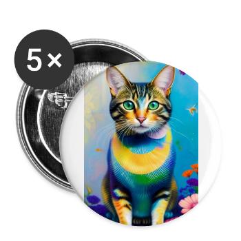 Chat domestique à poil court avec des fleurs - Lot de 5 grands badges (56 mm) - blanc - Devant
