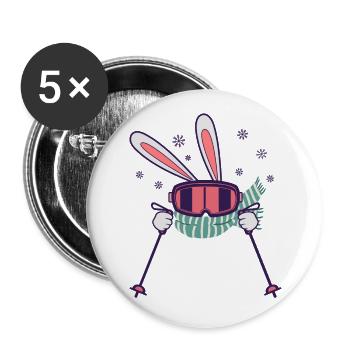 Skiing Rabbit with ski poles ski goggles scarf - Buttons large 2.2''/56 mm (5-pack) - white - Front