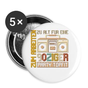 für eine 90ziger Party topfit - Buttons groß 56 mm (5er Pack) - Weiß - Vorne