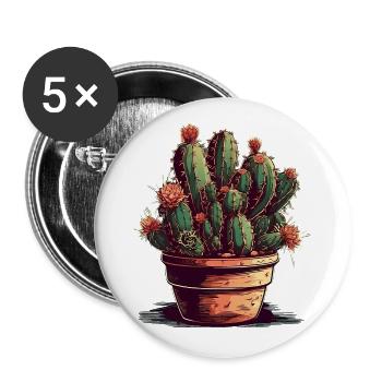 Petit cactus vert dans un pot de fleurs avec des fleurs - Lot de 5 grands badges (56 mm) - blanc - Devant