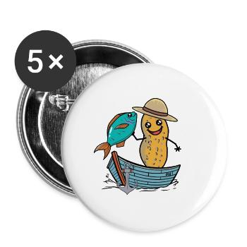 Erdnuss Angler Fisch Fischer Fische angeln Boot - Buttons groß 56 mm (5er Pack) - Weiß - Vorne
