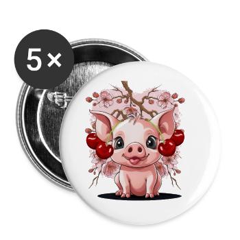 Pig, Cherries, Cherry, Piglet, Cherry Blossom - Buttons large 2.2''/56 mm (5-pack) - white - Front