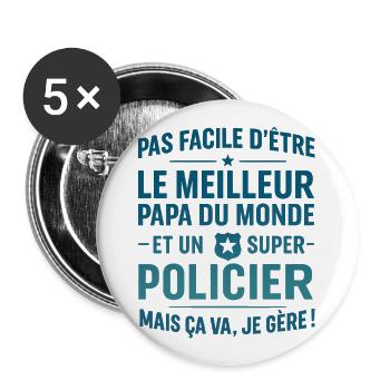 Super Papa Policier cadeau fête des pères Noël - Lot de 5 grands badges (56 mm) - blanc - Devant