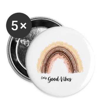 Only Good Vibes. Rainbow Geschenk Boho T-Shirt - Buttons groß 56 mm (5er Pack) - Weiß - Vorne
