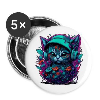 Chat bébé dans la mer de fleurs, en écoutant de la musique - Lot de 5 grands badges (56 mm) - blanc - Devant
