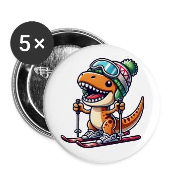 Dino T-Rex Skifahrer Winter Wintersport - Buttons groß 56 mm (5er Pack) - Weiß - Vorne