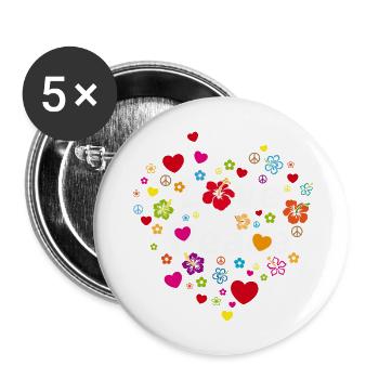 Love and Peace Herzen Blumen Peacezeichen Liebe - Buttons groß 56 mm (5er Pack) - Weiß - Vorne