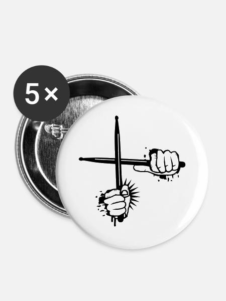zwei gekreuzte Drumsticks - Buttons groß 56 mm (5er Pack) - Weiß