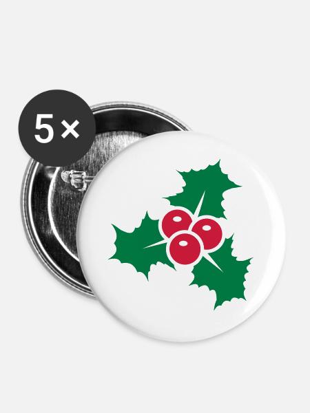 Stechpalmenblätter mit roten Beeren - Buttons groß 56 mm (5er Pack) - Weiß