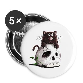 Schwarze Katze und Totenkopf Comic - Buttons groß 56 mm (5er Pack) - Weiß - Vorne