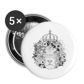 majestätisch geschmückter Löwe mit Blumen & Krone - Buttons groß 56 mm (5er Pack) - Weiß - Vorne