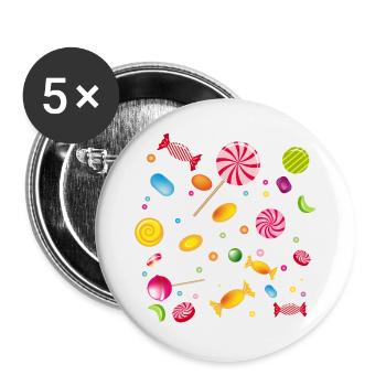 Eine Menge Süßigkeiten,Bonbons,Lollis und Kaugummi - Buttons groß 56 mm (5er Pack) - Weiß - Vorne