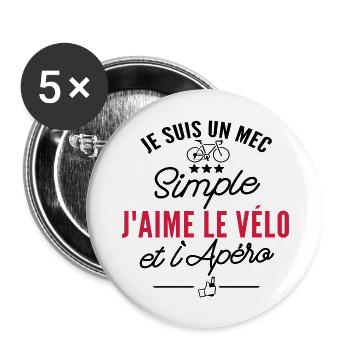 mec simple - vélo et l'apéro - cadeau humour vélo - Lot de 5 grands badges (56 mm) - blanc - Devant