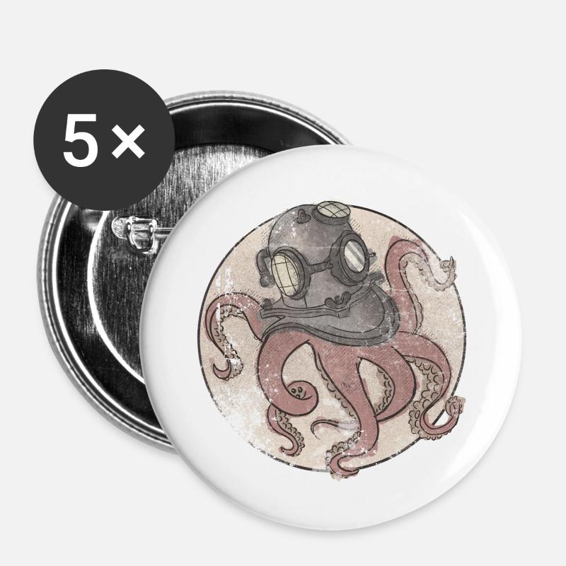 Octopus in diving helmet - Buttons large 2.2''/56 mm (5-pack) - white