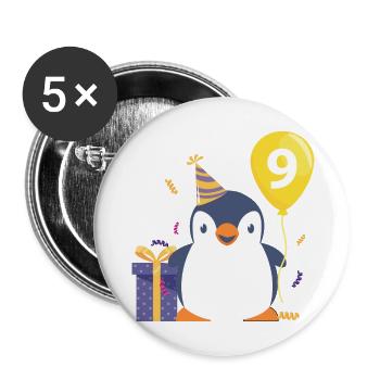 Pinguin mit Luftballon und Geschenk 9.Geburtstag - Buttons groß 56 mm (5er Pack) - Weiß - Vorne