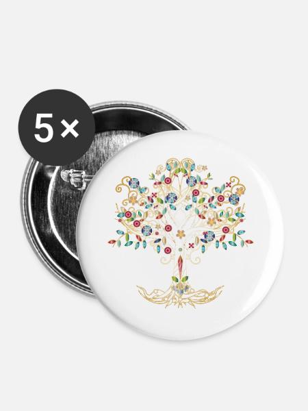 fantasievoller Baum in metallenen Farben - Buttons groß 56 mm (5er Pack) - Weiß