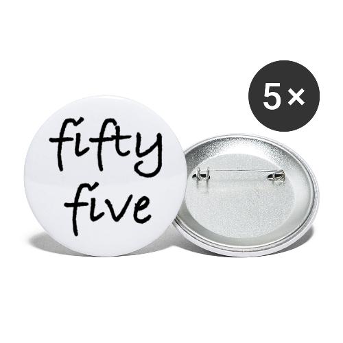 Fiftyfive -teksti mustana kahdessa rivissä - Rintamerkit isot 56 mm (5kpl pakkauksessa)
