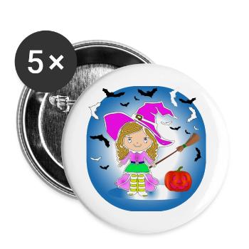 Halloween Hexe Besen und Kürbis unter Fledermäusen - Buttons groß 56 mm (5er Pack) - Weiß - Vorne