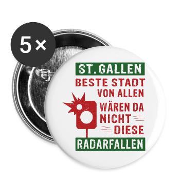 St.Gallen beste Stadt von allen Radarfallen - Buttons groß 56 mm (5er Pack) - Weiß - Vorne
