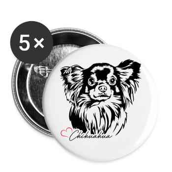Langhaar Chihuahua Hundeportrait Hunde Wilsigns - Buttons groß 56 mm (5er Pack) - Weiß - Vorne
