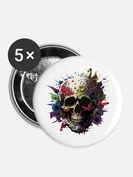 Farbiger Schädel - Buttons groß 56 mm (5er Pack) - Weiß