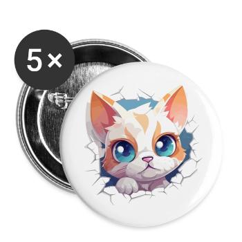 Flauschige Neugier: Babykatzen-Entdecker T-Shirt - Buttons groß 56 mm (5er Pack) - Weiß - Vorne