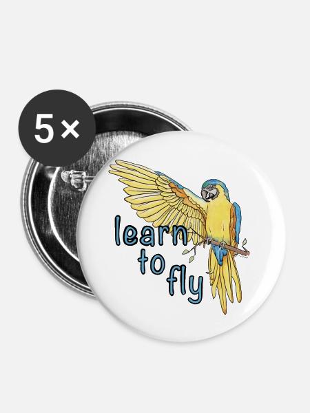 Papagei / Vogel / Lernen / Ara / Fliegen / Flügel - Buttons groß 56 mm (5er Pack) - Weiß