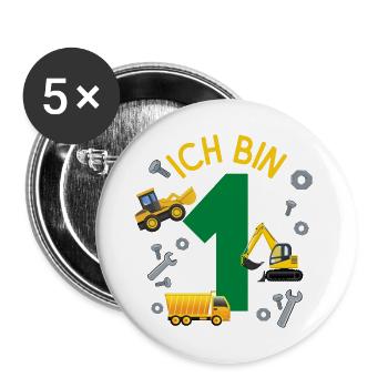 Ich bin 1 Jahr Geburtstag Mädchen Junge Baustelle - Buttons groß 56 mm (5er Pack) - Weiß - Vorne