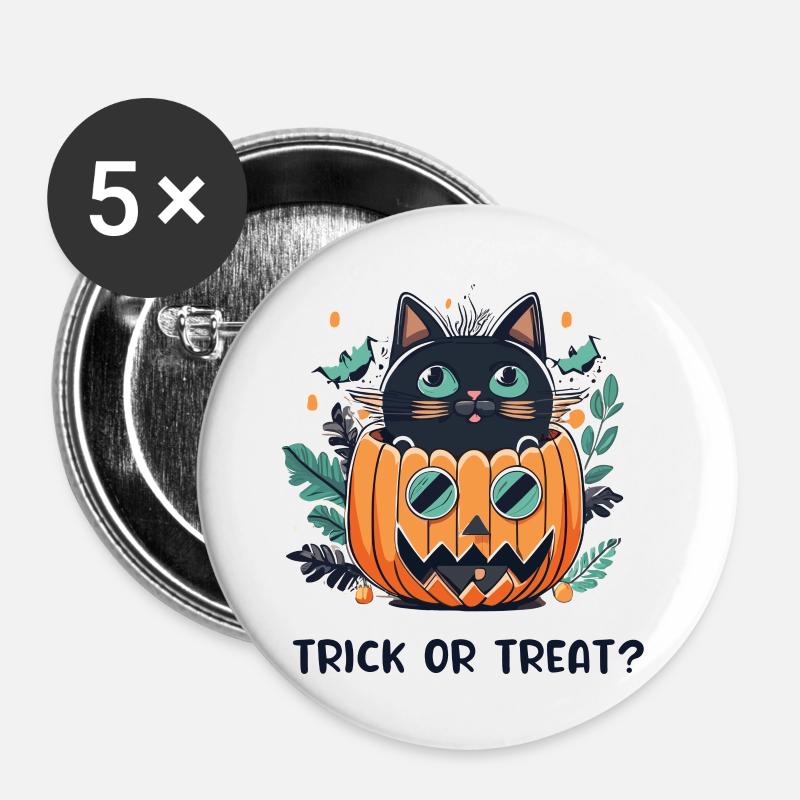 Cute Black Cat Sitting In Funny Face Pumpkin - Buttons large 2.2''/56 mm (5-pack) - white