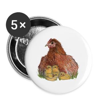 Huhn mit Küken in Wiese - Buttons groß 56 mm (5er Pack) - Weiß - Vorne