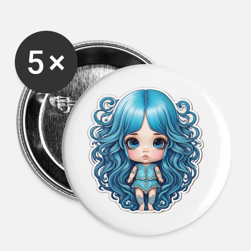 Doll blue hair - Buttons large 2.2''/56 mm (5-pack) - white