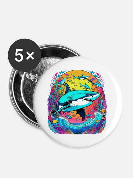 Hai & Sonnenuntergang - Buttons groß 56 mm (5er Pack) - Weiß