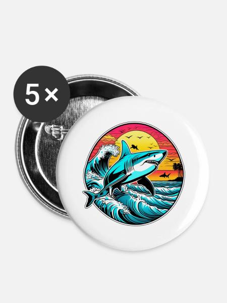 Hai & Sonnenuntergang - Buttons groß 56 mm (5er Pack) - Weiß