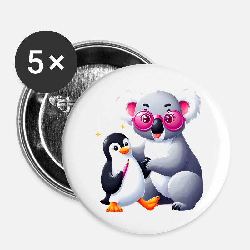bear and penguin with pink glasses - Buttons large 2.2''/56 mm (5-pack) - white