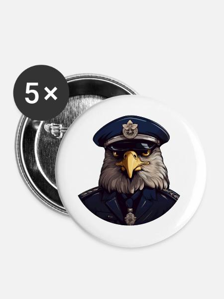 Eulen Polizist - Buttons groß 56 mm (5er Pack) - Weiß