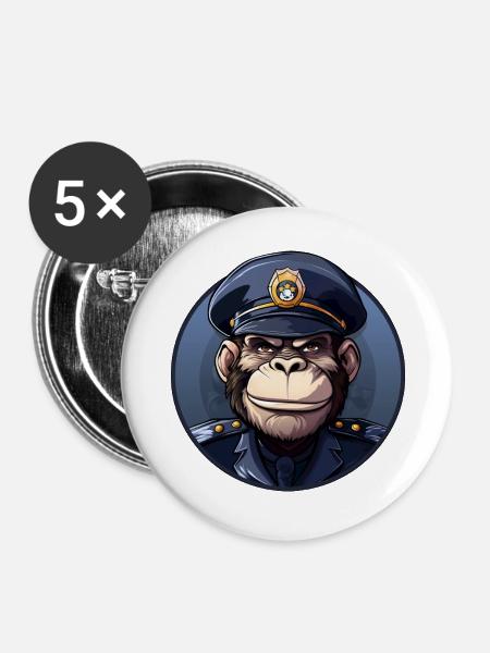 Affen Polizistin - Buttons groß 56 mm (5er Pack) - Weiß