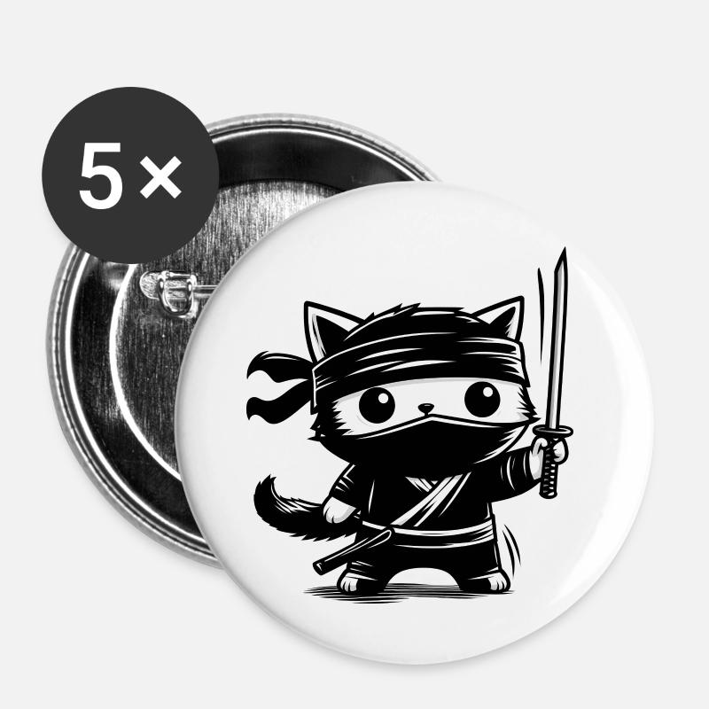 Ninja Katze - Buttons groß 56 mm (5er Pack) - Weiß