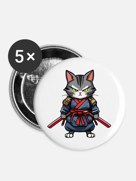 Samurai-Katze #19 - Buttons groß 56 mm (5er Pack) - Weiß