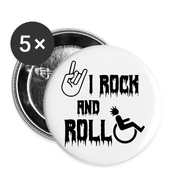 Ich schaukele und rolle in meinem Rollstuhl herum. Walze, Musik * - Buttons groß 56 mm (5er Pack) - Weiß - Vorne