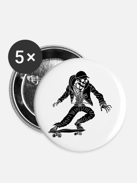 Schwarzes Skelett auf Skateboard - Buttons groß 56 mm (5er Pack) - Weiß