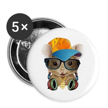 coole Maus mit Basecap,Sonnenbrille und Kopfhörer - Buttons groß 56 mm (5er Pack) - Weiß - Vorne