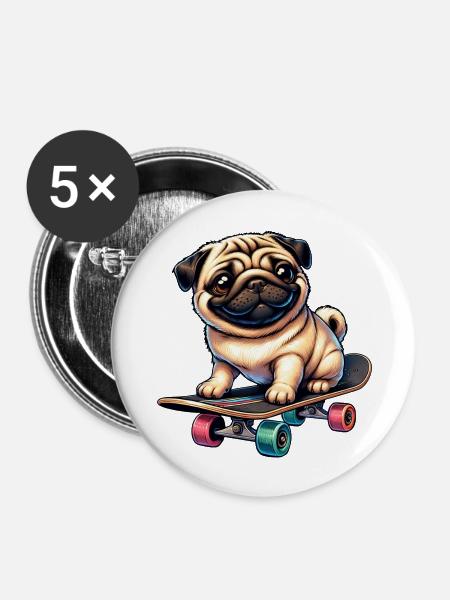 Skateboard Mops, Hund Skateboarder - Buttons groß 56 mm (5er Pack) - Weiß