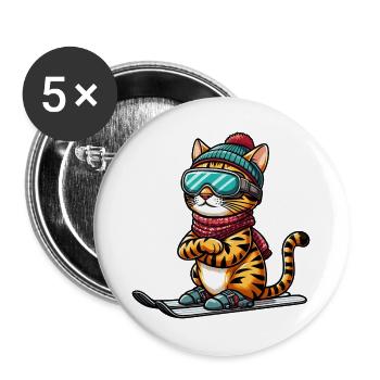 Ski Bengalkatze, Skifahrer Katze - Buttons groß 56 mm (5er Pack) - Weiß - Vorne